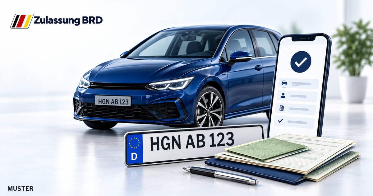 Online Fahrzeugzulassung in Ludwigslust: Musterkennzeichen HGN AB 123, Auto und Fahrzeugpapiere und Smartphone. Illustration mit Logo von Zulassung BRD.